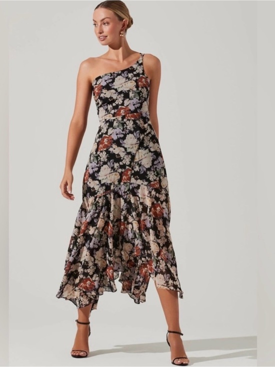 Astr Dresses & Skirts - ASTR The Label Emmylou One Shoulder Black and Floral Midi Dress | Size M